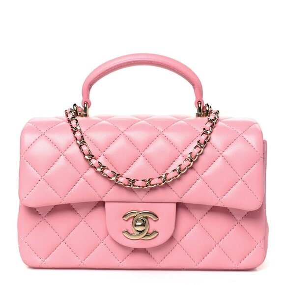 Authentic CHANEL Lambskin Quilted Mini Top Handle Flap Bag Pink Purse - Picture 1 of 14